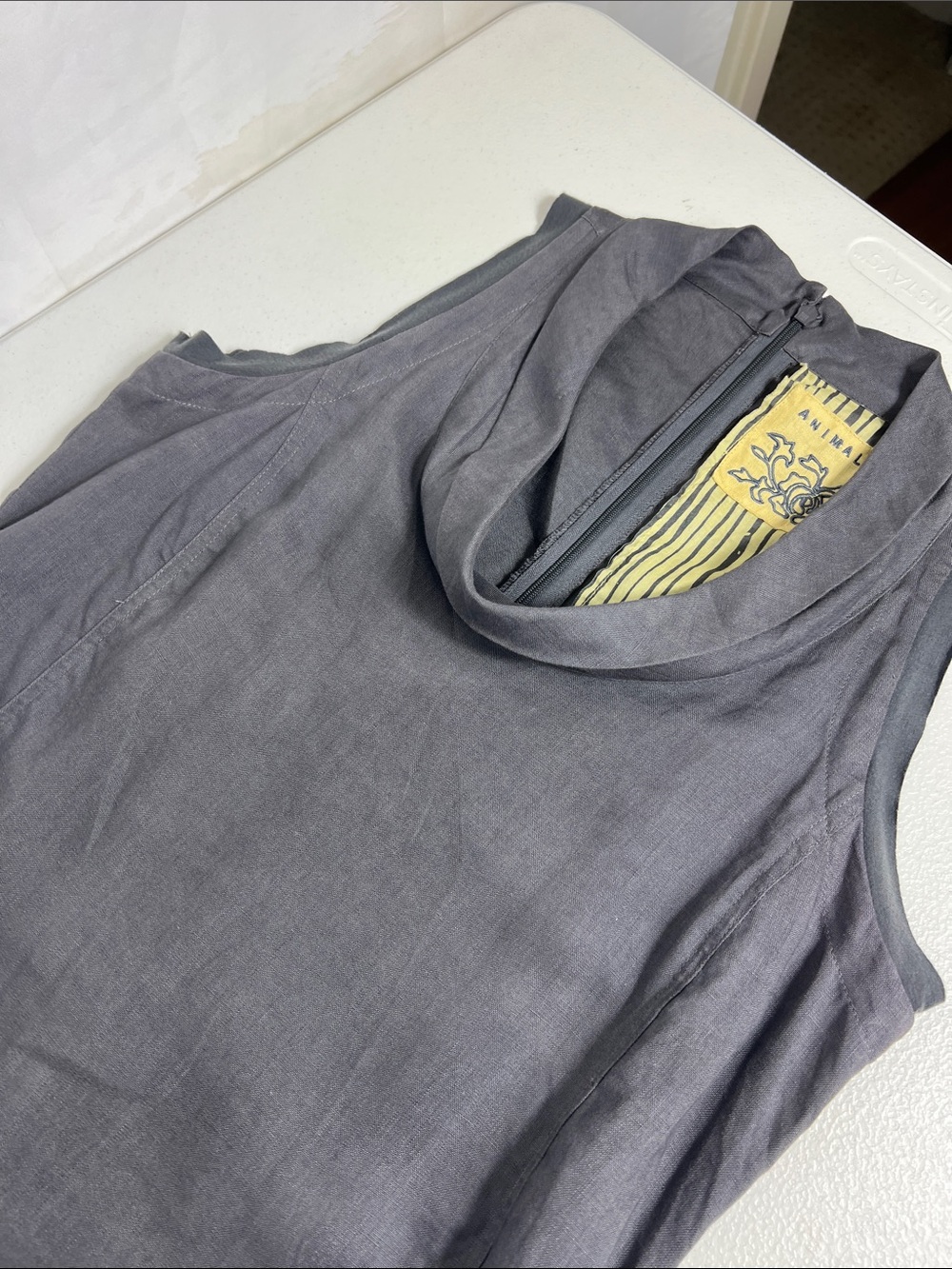 Animale Sz 8 Linen Dress Taupe/Gray Drop Waist Asymmetrical Hem Pockets - Picture 5 of 16